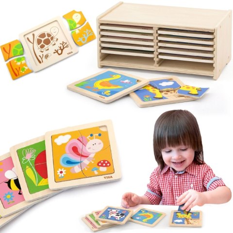 VIGA Puzzle drewniane 12 plansz po 4 puzzle w stojaku 18m+