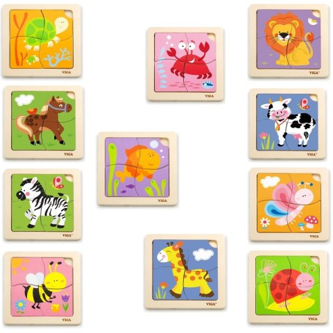 VIGA Puzzle drewniane 12 plansz po 4 puzzle w stojaku 18m+