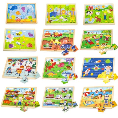 Viga Zestaw Puzzle drewniane 12 układanek po 24 el. na stojaku 2+