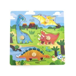 VIGA Drewniane Puzzle z Pinezkami Dinozaury 12m+