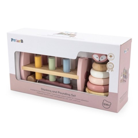VIGA PolarB Zestaw Drewniana Piramidka + Przebijanka z Młoteczkiem Lisek Montessori 12m+