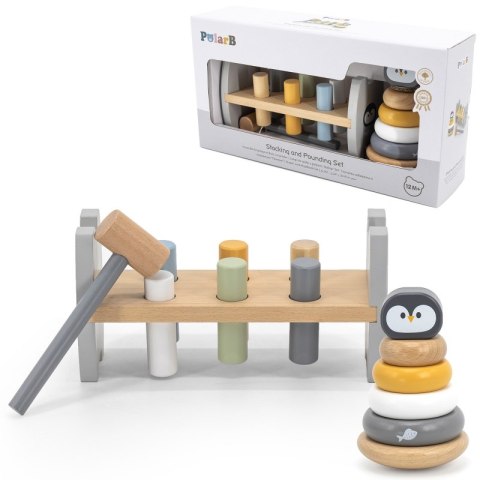 VIGA PolarB Zestaw Drewniana Piramidka + Przebijanka z Młoteczkiem Pingwinek Montessori 12m+