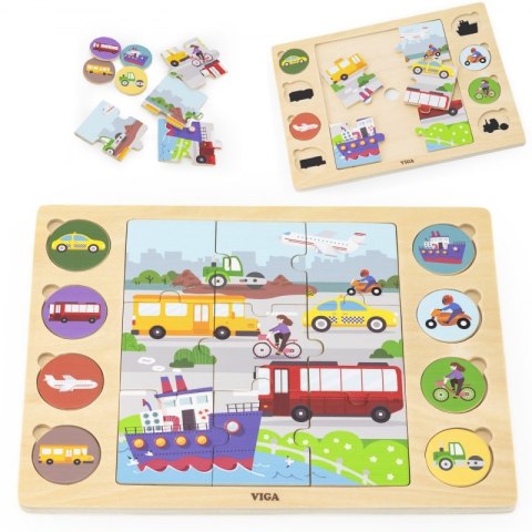 VIGA Drewniane Puzzle Odgadnij po Cieniu - Środki Transportu Układanka 17 el. 18m+