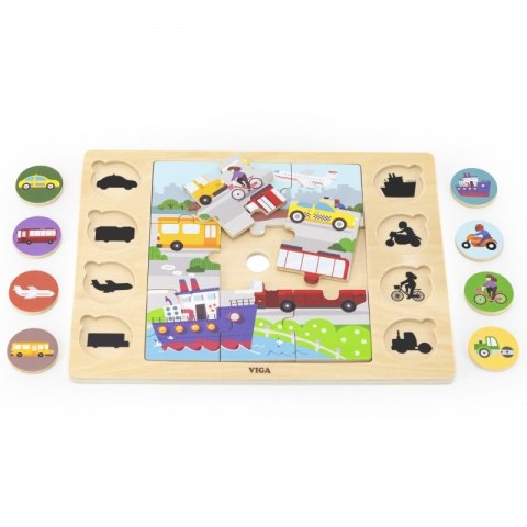 VIGA Drewniane Puzzle Odgadnij po Cieniu - Środki Transportu Układanka 17 el. 18m+