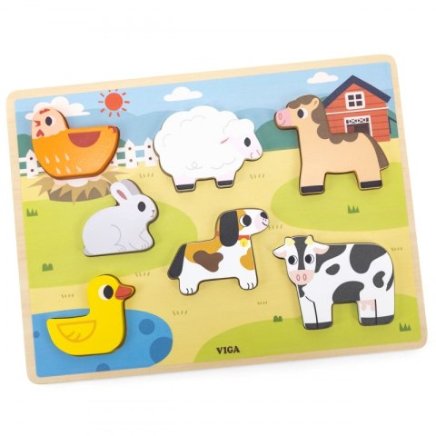 VIGA Drewniane Puzzle Układanka Montessori 2w1 Figurki Farma 18m+