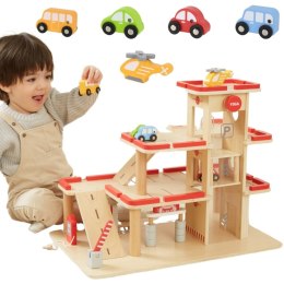 VIGA Drewniany Parking dla Samochodzików z Windą 4 Autka Helikopter 3+