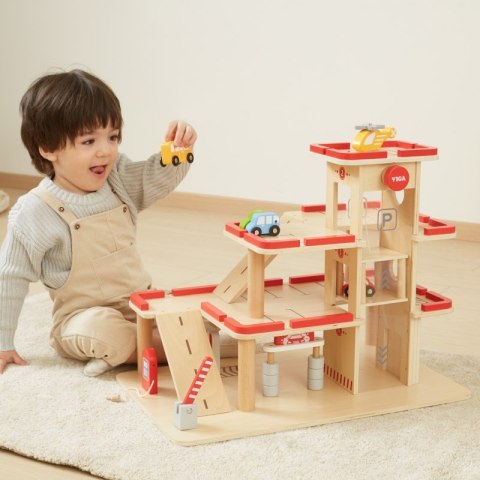 VIGA Drewniany Parking dla Samochodzików z Windą 4 Autka Helikopter 3+