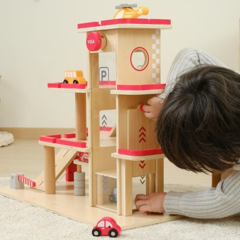 VIGA Drewniany Parking dla Samochodzików z Windą 4 Autka Helikopter 3+