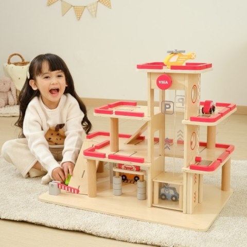 VIGA Drewniany Parking dla Samochodzików z Windą 4 Autka Helikopter 3+