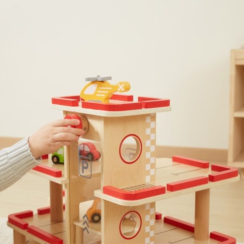 VIGA Drewniany Parking dla Samochodzików z Windą 4 Autka Helikopter 3+