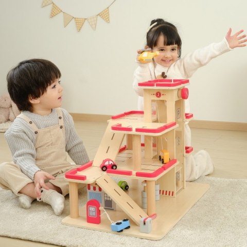 VIGA Drewniany Parking dla Samochodzików z Windą 4 Autka Helikopter 3+