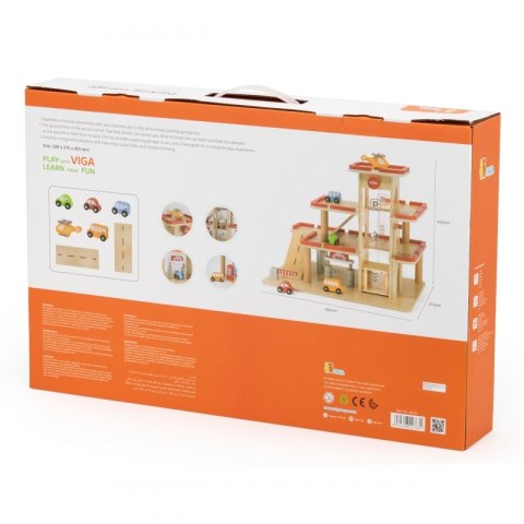 VIGA Drewniany Parking dla Samochodzików z Windą 4 Autka Helikopter 3+