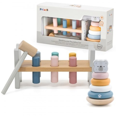 VIGA PolarB Zestaw Drewniana Piramidka + Przebijanka z Młoteczkiem Miś Polarny Montessori 18m+