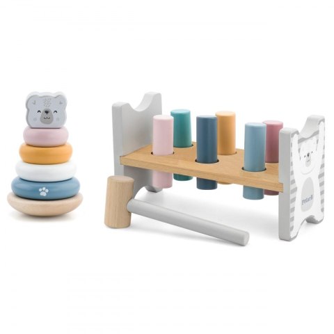 VIGA PolarB Zestaw Drewniana Piramidka + Przebijanka z Młoteczkiem Miś Polarny Montessori 18m+