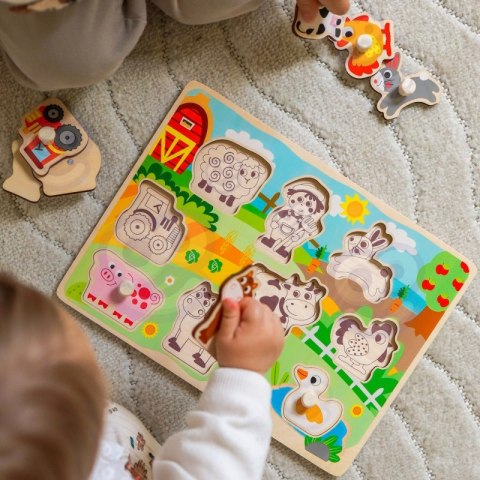WOOPIE GREEN Drewniane Puzzle Montessori Farma z Pinezkami Do Dopasowania
