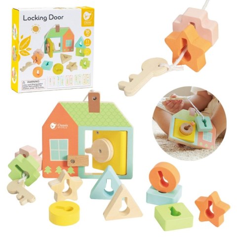 CLASSIC WORLD Drewniana Przeplatanka Klocki do Nawlekania Klucze i Drzwi MONTESSORI 11 el. 18m+