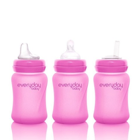 Szklana butelka ze smoczkiem S reagująca na temperaturę, 150 ml, wiśniowa, Everyday Baby