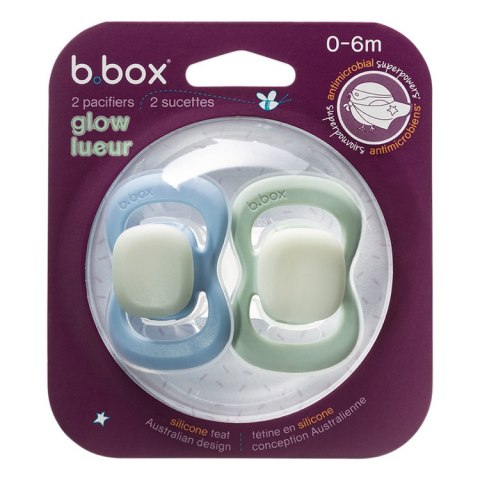 Smoczek silikonowy symetryczny 0 - 6 mies. 2 szt. glow in the dark Sky + Sage, b.box