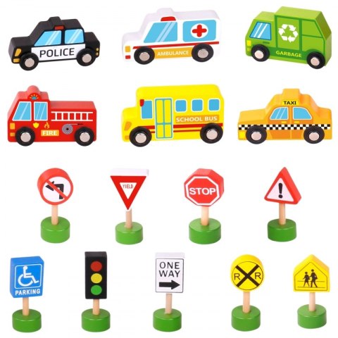 WOOPIE GREEN Zestaw Drewnianych Pojazdów i Znaków Drogowych 15 el.