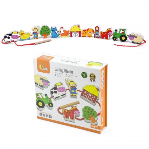 VIGA Drewniana Przeplatanka Klocki Farma do Nawlekania Montessori 2+