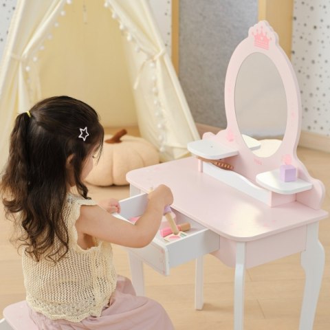 VIGA Duża Toaletka Drewniana Biało-Różowa z Lustrem i Krzesełkiem 3m+ 3+