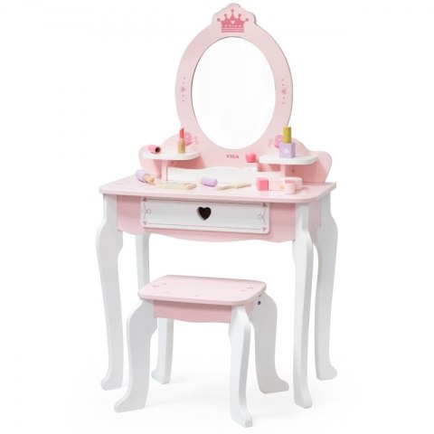 VIGA Duża Toaletka Drewniana Biało-Różowa z Lustrem i Krzesełkiem 3m+ 3+