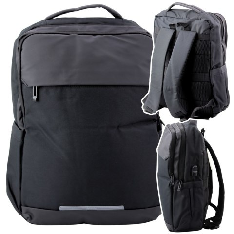 Plecak Miejski Biznesowy USB Kieszeń na Laptopa Czarny 16L 45cm