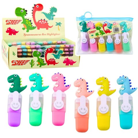 Zestaw Mini Zakreślacze Z Dinozaurem W Etui Kolorowe 6szt 8cm