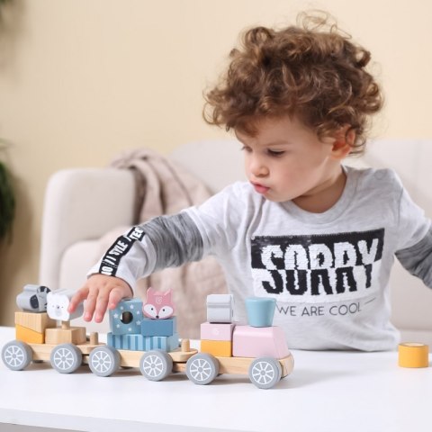 VIGA PolarB Drewniana Kolejka z Wagonikami i Zwierzątkami Do Układania Montessori 18m+