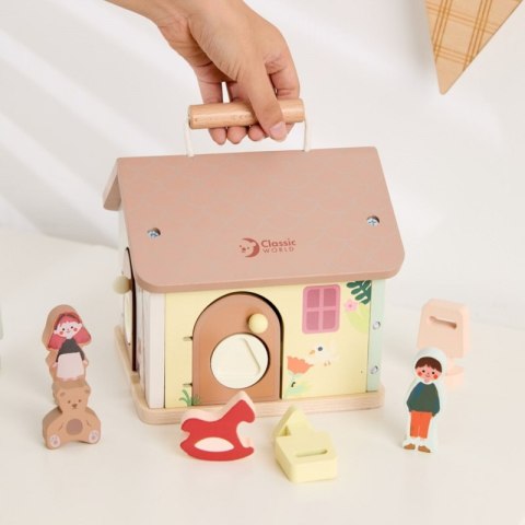CLASSIC WORLD Drewniany Domek Sensoryczny Edukacyjny z Zamkami Kluczykami 11el. 18m+