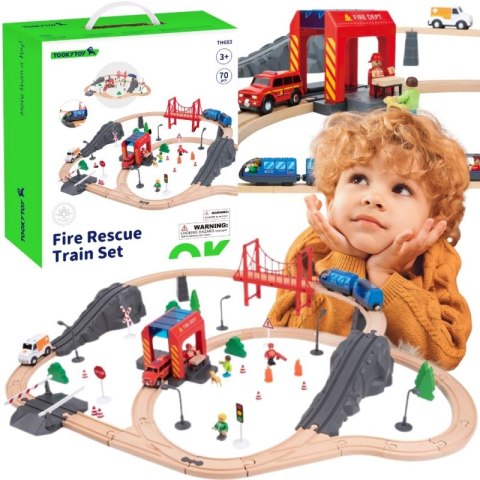 Tooky Toy Drewniana Kolejka Elektryczna Straż Pożarna Efekty Dźwiękowe 70 el.